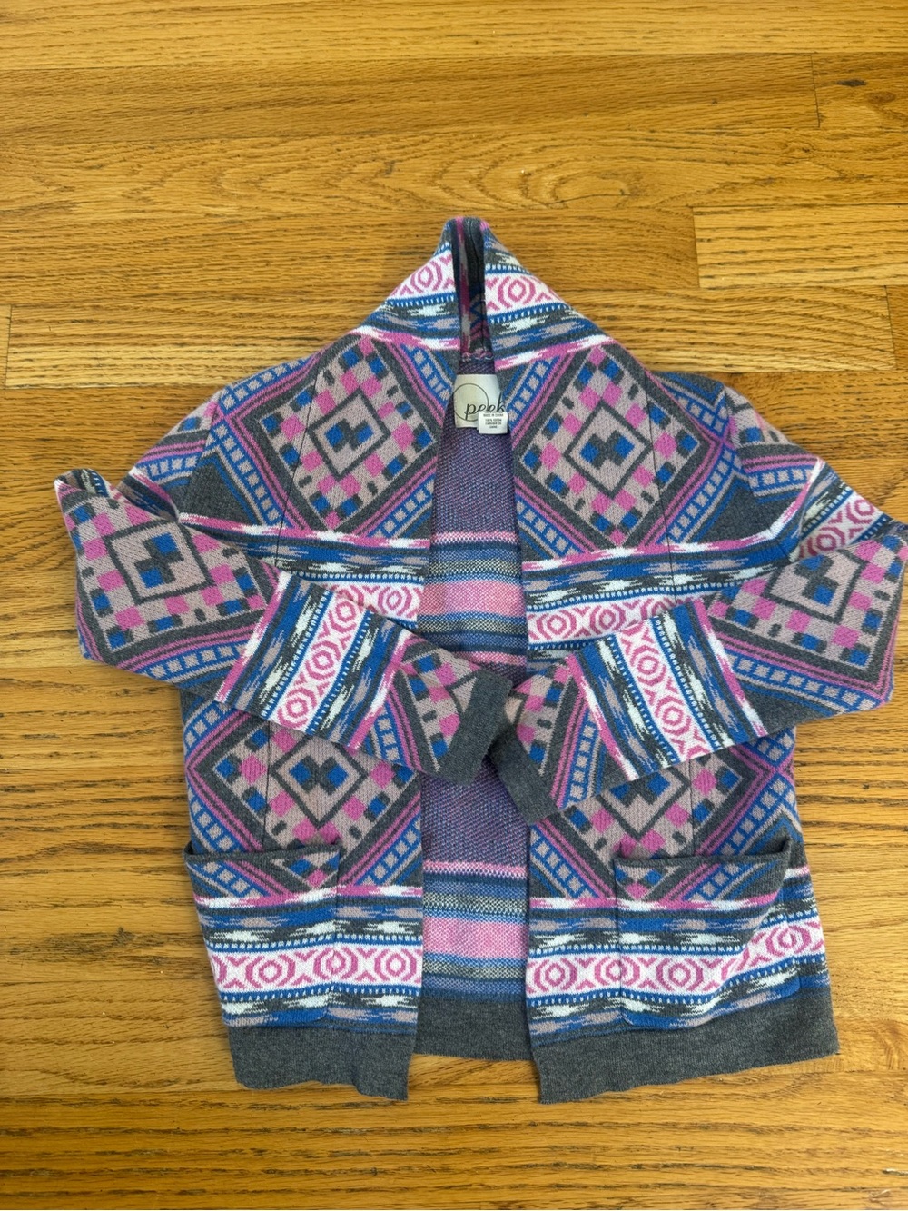 Peek Pink, Blue & Gray Aztec Hooded Fringe Cardigan Girls Size 4-5